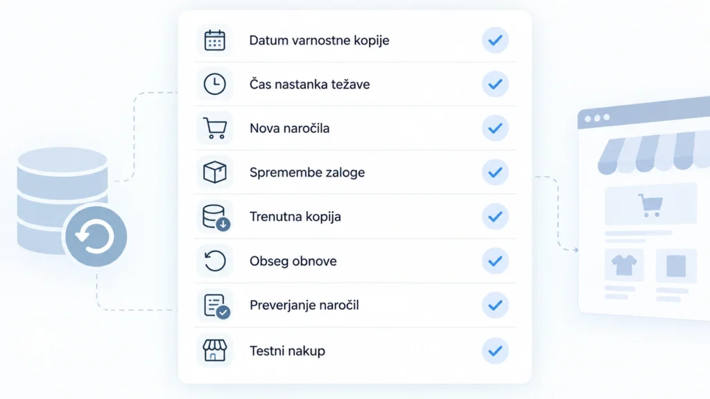 Kontrolni seznam za preverjanje varnostne kopije, novih naročil in trenutnega stanja pred obnovo WooCommerce trgovine.