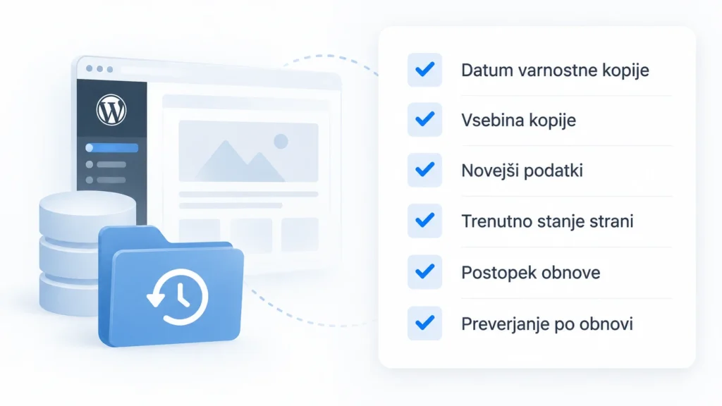 Kontrolni seznam za preverjanje varnostne kopije in podatkov pred obnovo WordPress spletne strani.