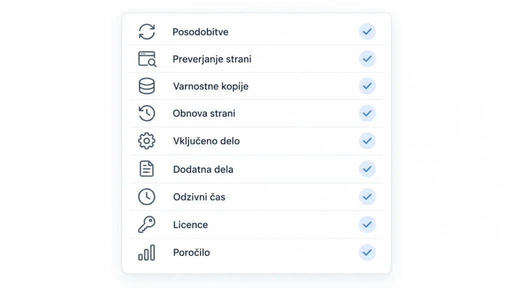 Kontrolni seznam vprašanj za primerjavo ponudb za vzdrževanje WordPress spletne strani.