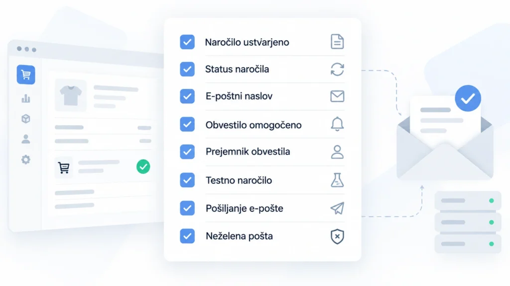 Kontrolni seznam za preverjanje WooCommerce e-poštnih obvestil, nastavitev naročila, pošiljanja in dostave.